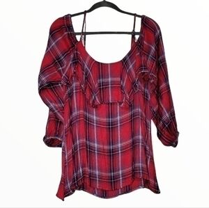 Elam Plaid Cold Shoulder Long Sleeve Top